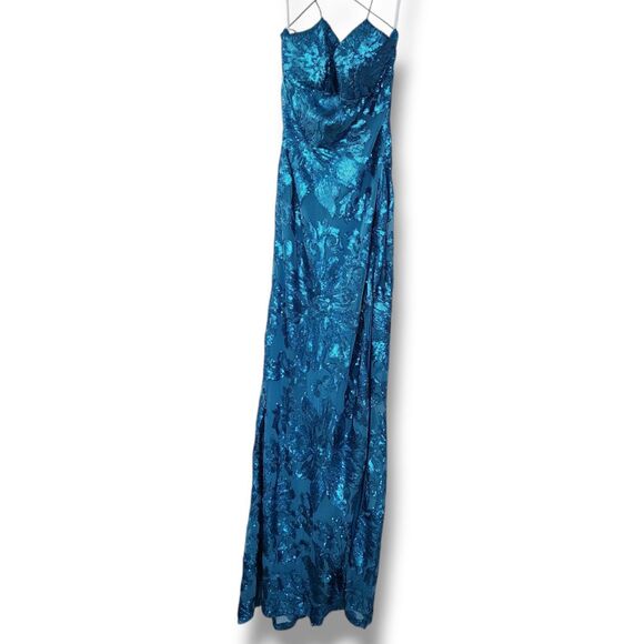 B. Darling Prom All Over Sequined Gown Blue flora Maxi Dress Turquoise Slit New - Picture 3 of 12